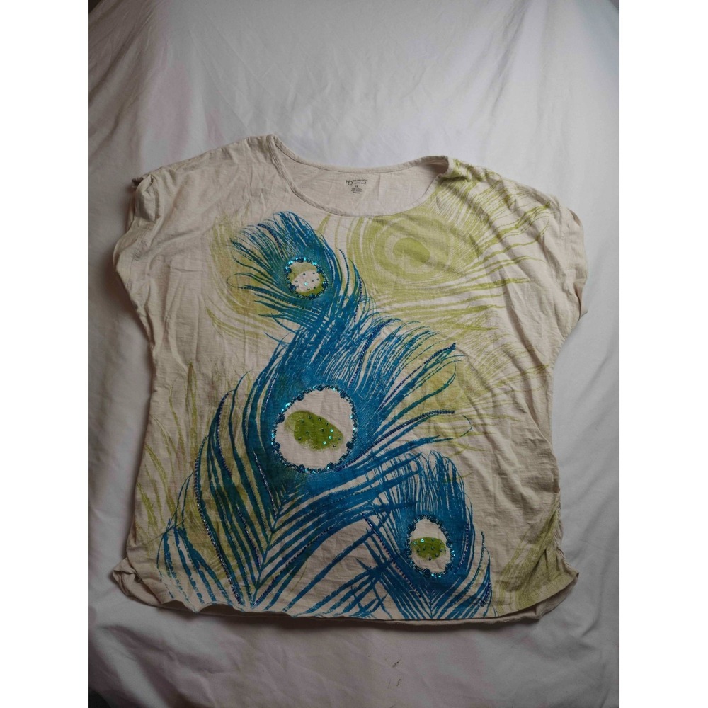 New Directions Weekend Top Womens 1X Peacock Sequin Artsy Festival Resortwear